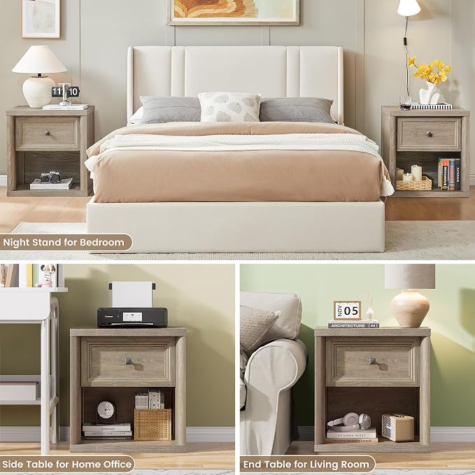 Grey Nightstand Set of 2, Farmhouse Modern Night Stand with Drawer & Open Storage Space, Large Bed Side Table for Bedroom Living Room, End Table with Metal Knob, Wooden Bedside Table