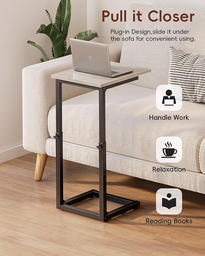 Vagusicc C-Shaped End Table, 33" Tall C Table Adjustable Height Side Table, Small Couch Table with Metal Frame, Slide Under Sofa TV Tray for Living Room, Bedroom, Bedside, Small Spaces, Gray