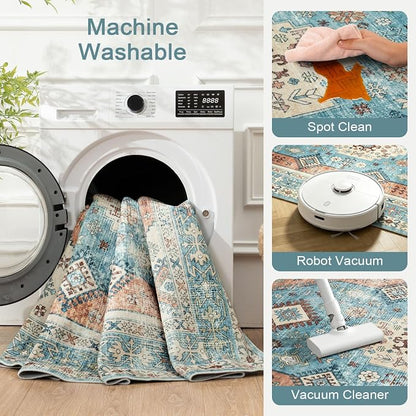 Lofus Vintage Living Room Rugs 5x7, Soft Machine Washable Area Rug for Bedroom Indoor Floor Home Office House Decor, Oriental Traditional Distressed Farmhouse Carpet, Boho Terracotta and Blue