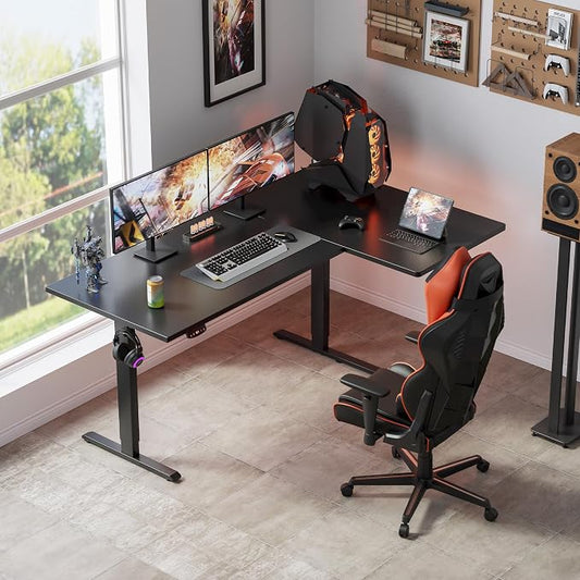 Klicelor L Shaped Standing Desk, 55 Inch Electric Height Adjustable Desk with Memory Preset, Reversible Sit Stand Up Computer Workstation for Home Office, Splice Board, Black