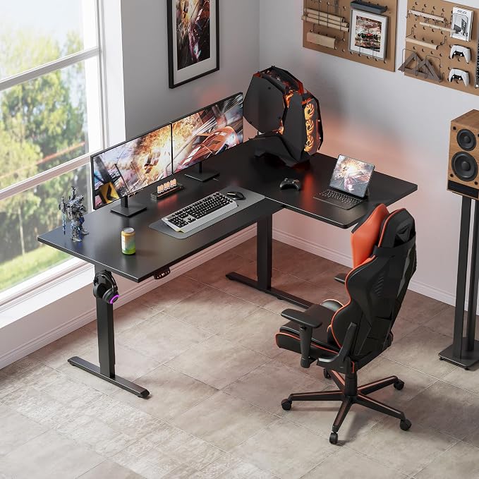 Klicelor L Shaped Standing Desk, 63 Inch Electric Height Adjustable Desk with Memory Preset, Reversible Sit Stand Up Computer Workstation for Home Office, Splice Board, Black