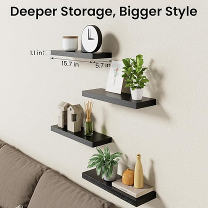 BAYKA Floating Shelves for Wall, 15.7in Wall Mounted Rustic Wood Shelves for Bathroom, Bedroom, Living Room, Kitchen, Hanging Shelf for Books/Storage/Room Decor with 22lbs Capacity (Black, Set of 4)
