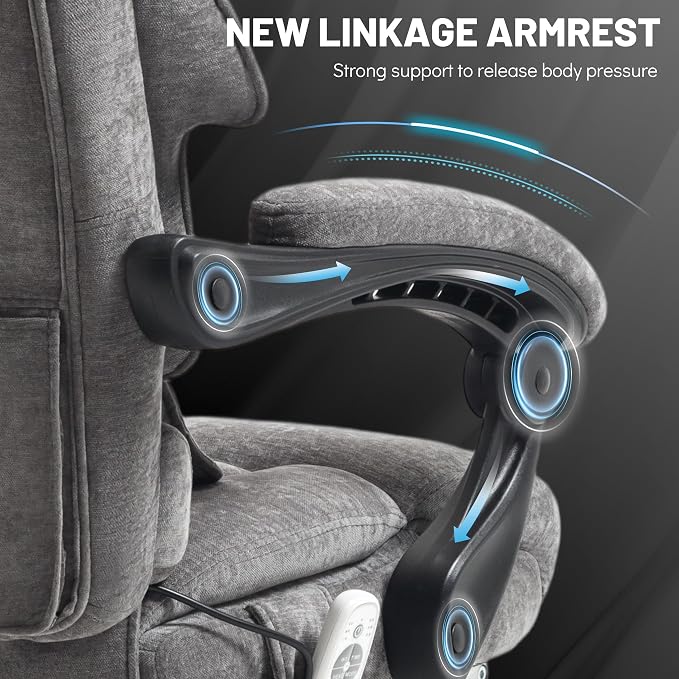 Massage Office Chair with Foot Rest,6 Points Vibration & Heat Executive Office Chairs,Big and Tall Fabric Office Chair 500LBS,Ergonomic Desk Chair for Heavy People,Recliner with Dual-Use Pillow,Grey