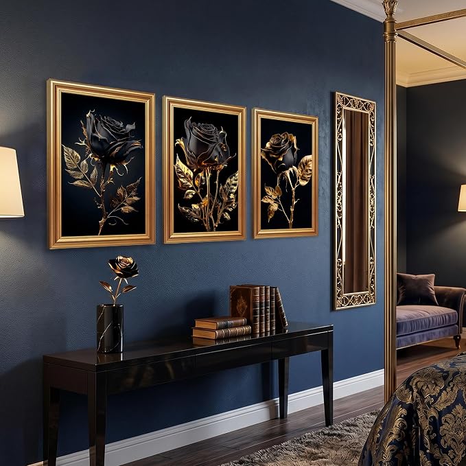 ICHZUMW Black and Gold Wall Decor, Gold Framed Glam Rose Canvas Wall Art, Set of 3 Ready to Hang Fade Resistant Floral Prints with Moody Dark Academia Aesthetic for Bedroom Living Room, 20x30 Inches