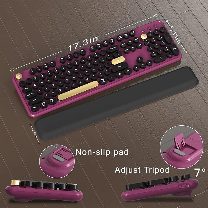 MPTOG Colorful Wireless Computer Keyboard and Mouse Combo with Round Typewriter Keycaps, Retro Design, Power Switch, Ergonomic Design, 2.4GHz Wireless for Windows, Mac, PC（Black-Claret）