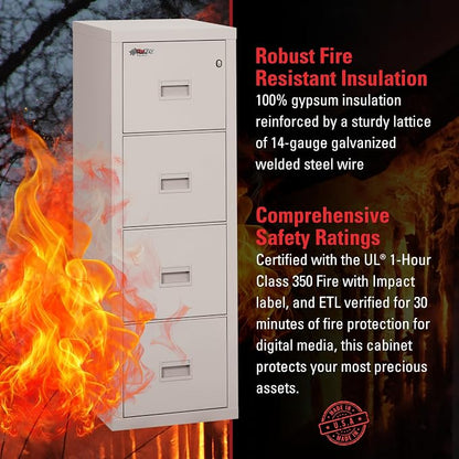 FireKing Turtle Vertical 4 Drawer Legal and Letter Fire Safe File Cabinet with Key Lock, 1 Hour Fire Rated, UL Rated & Water Resistant Home Safe, Filing Cabinet, Made in The USA, Platinum