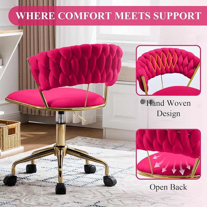 NIOIIKIT Home Office Chair, Velvet Upholstered Task Chair with Woven Open Back, 360° Swivel Desk Chair with Wheels, Adjustable Vanity Chair, Computer Chair for Office, Studio (Rose Red)