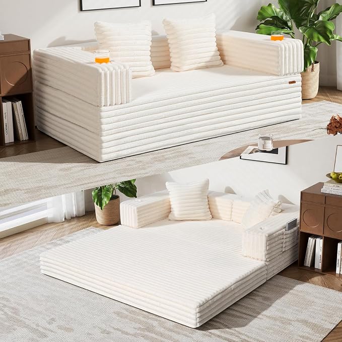 COMAX Futon Sofa Bed, 4‑in‑1 Convertible Sofa Bed, Folding Boneless Couches | Boneless Couch for living room, Fold Out Small Foldable Loveseat Floor Sleeper Mattress Lounge Space‑Saving, Light Beige