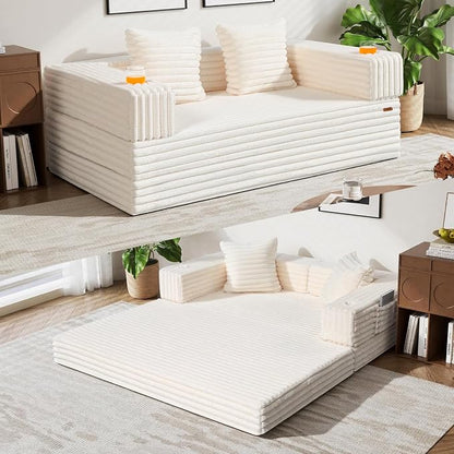 COMAX Futon Sofa Bed, 4‑in‑1 Convertible Sofa Bed, Folding Boneless Couches | Boneless Couch for living room, Fold Out Small Foldable Loveseat Floor Sleeper Mattress Lounge Space‑Saving, Light Beige