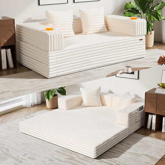 COMAX Futon Sofa Bed, 4‑in‑1 Convertible Sofa Bed, Folding Boneless Couches | Boneless Couch for living room, Fold Out Small Foldable Loveseat Floor Sleeper Mattress Lounge Space‑Saving, Light Beige