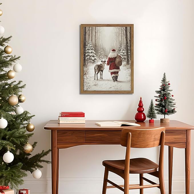 Framed Christmas Pictures Wall Decor, Santa Reindeer Winter Wall Art, Rustic Canvas Christmas Print, Winter Holidays Decor, Vintage Christmas Decorations Painting for Bedroom Living Room – 12x16in