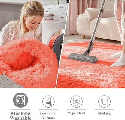 OLANLY Coral Red Round Rugs for Bedroom - Machine Washable, 4 ft Circle Area Rugs for Living Room, Soft and Fluffy Shaggy Carpet for Teen Girl and Boys, Nursery Rooms, Dorms, Home Decor Aesthetic