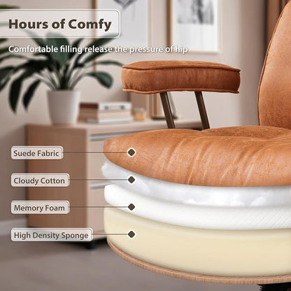 HOOOWOOO Ergonomic Office Chair,Mid Century Modern Computer Desk Chair,Comfy Executive Chair with Extra Wide Tufted Cloudy Seat Lumbar Support High Reclining Back,Suede Leather Cognac Brown