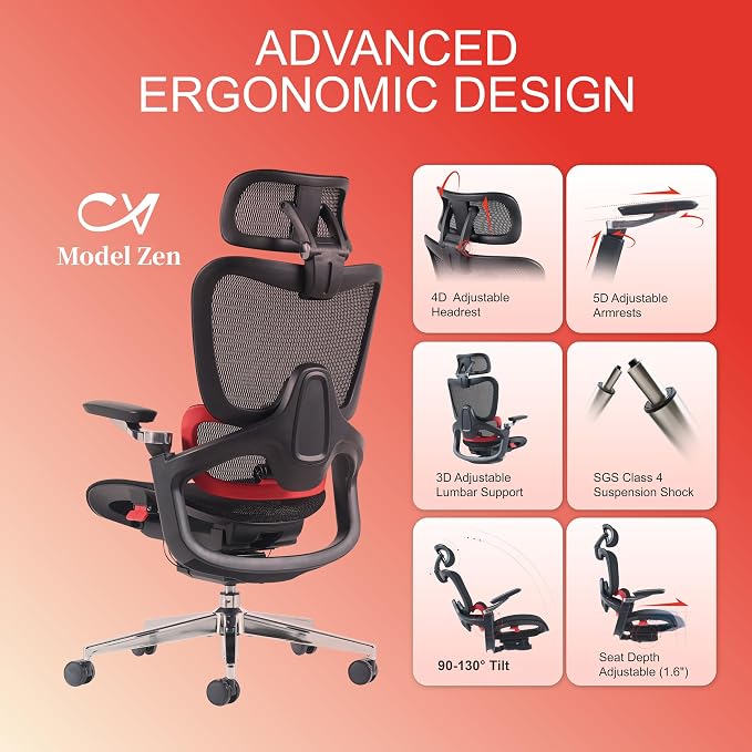 Ergonomic Office Chair, Big and Tall Mesh Computer Gaming Chair with Adaptive Lumbar Support, Work Chair with Headrest, 5D Armrest,90-130°Tilt, BIFMA Certified, Model Zen (Red)