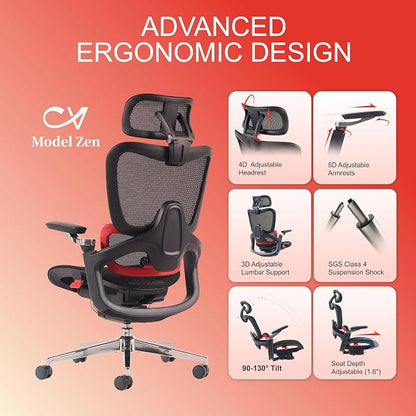 Ergonomic Office Chair, Big and Tall Mesh Computer Gaming Chair with Adaptive Lumbar Support, Work Chair with Headrest, 5D Armrest,90-130°Tilt, BIFMA Certified, Model Zen (Red)