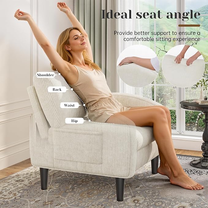 Homkdom Accent Chairs Set of 2 for Living Room,Mid Century Modern Reading Chair with 2 Side Pockets,Upholstered Armchair for Apartment,Small Room,Beige