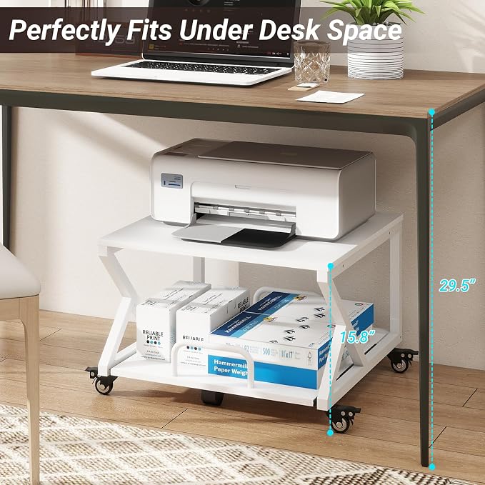 Natwind 2 Tier Printer Stand,23.6''x23.6'',with Pull Out Shelf,White | Easy Reach for Lower Shelf Items,Rolling Printer Cart with Wheels,Fits Under Desk,Supports 205lbs,for Home Office Kitchen
