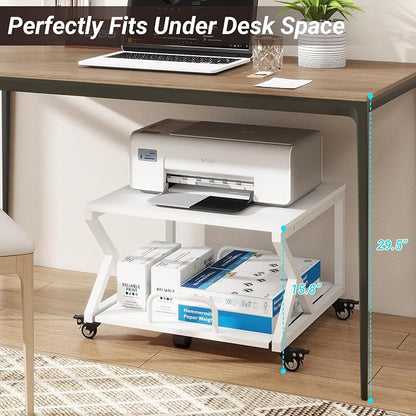 Natwind 2 Tier Printer Stand,23.6''x23.6'',with Pull Out Shelf,White | Easy Reach for Lower Shelf Items,Rolling Printer Cart with Wheels,Fits Under Desk,Supports 205lbs,for Home Office Kitchen