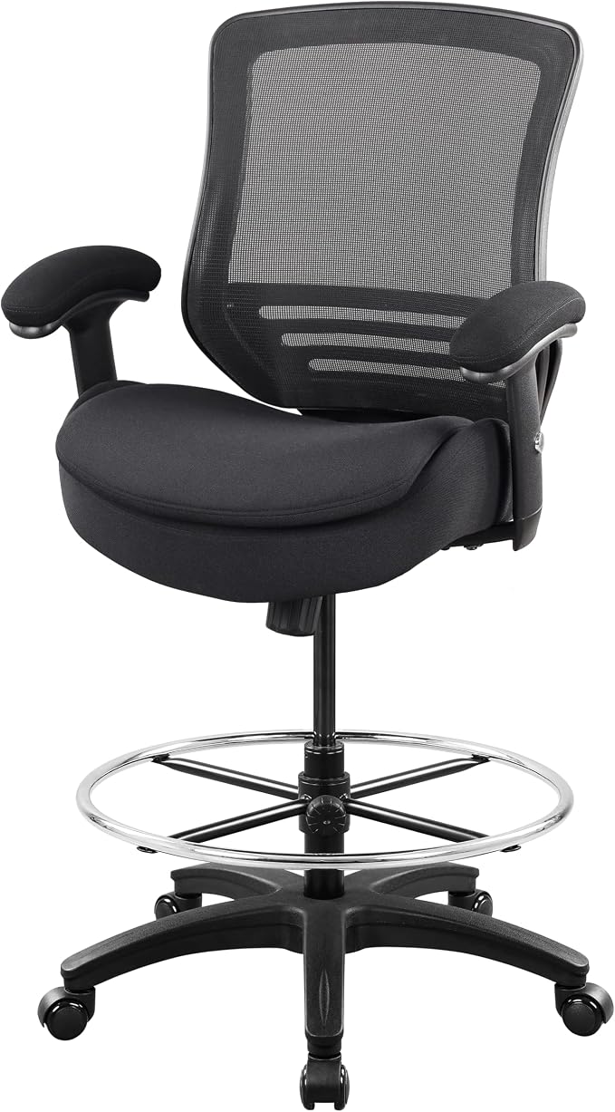 400lbs Office Drafting Chair Wide Dual Seat Cushion for High Standing Desk with Lumbar Support and Enlarged Adjustable Footrest-Black