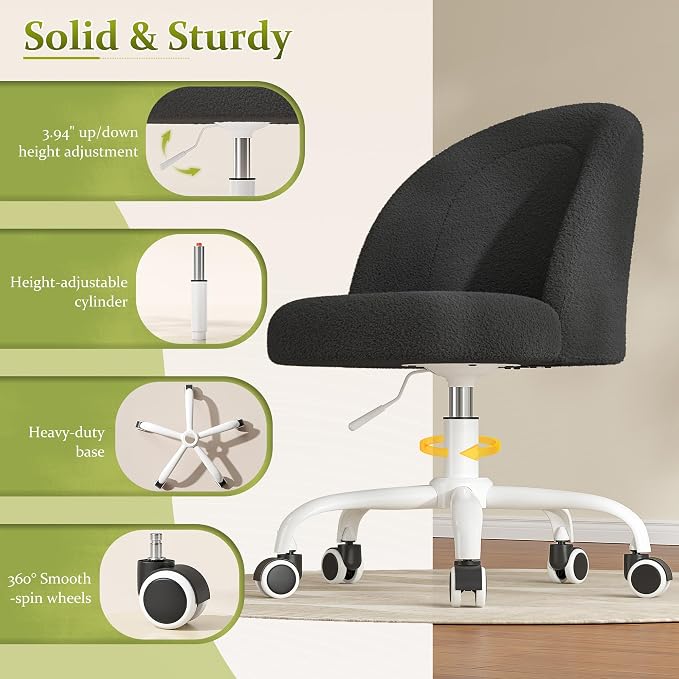 DurayLoly Vanity Chair with Back, Cute Desk Chair with Wheels, Armless Chair with Height Adjustable & 360° Swivel, Soft Lumbar Support for Small Space, Bedroom, Black