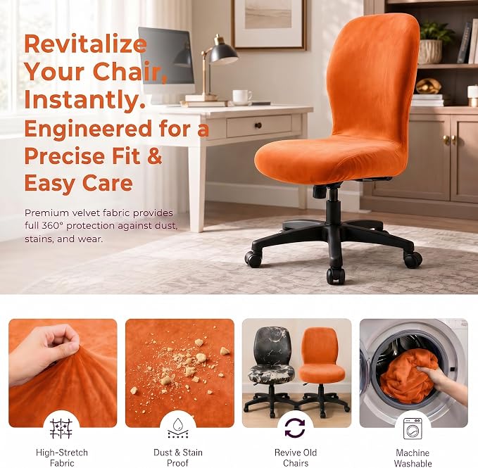 Deisy Dee Velvet Stretch Armless Office Chair Covers - Colorful Stretch Slipcover for Desk Chairs (Orange)