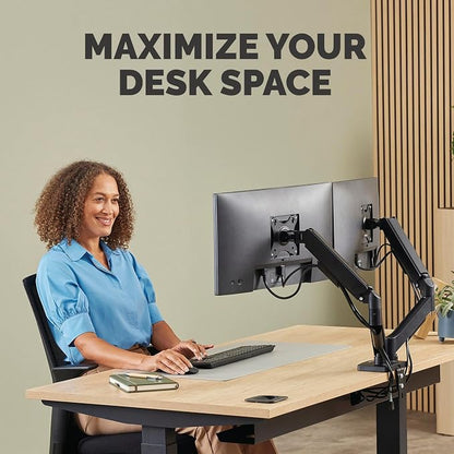 Fellowes Everyday Plus Dual Gas Spring Monitor Arm Holds Two Screens up to 32" Weighing 4.4-19.84 lbs ea, Height Adjusting, Tilt, Swivel, Rotate, VESA 75/100, Clamp or Grommet Mount, Cable Management