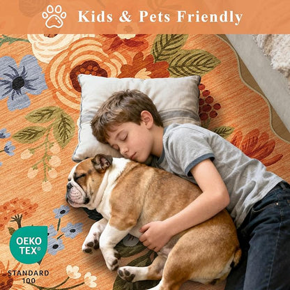 DUKINO 2.6x8 Runner Rug for Hallway, Washable Kitchen Rug with Non Slip Backing & Non-Shediing, Soft Low Pile Floral Design Runner for Bedroom, Kithchen, Living Room, Laundry, Bathroom, Orange