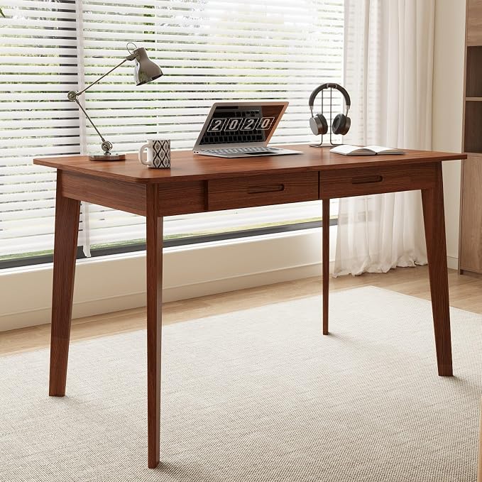 Timechee 40 Inch Compact Computer Gaming Desk, Study Work Office Desk with 2 Storage Drawers, Rectangular Study Reading Table, Simple Computer Writing Table for Home Office, Living Room,Walnut Color