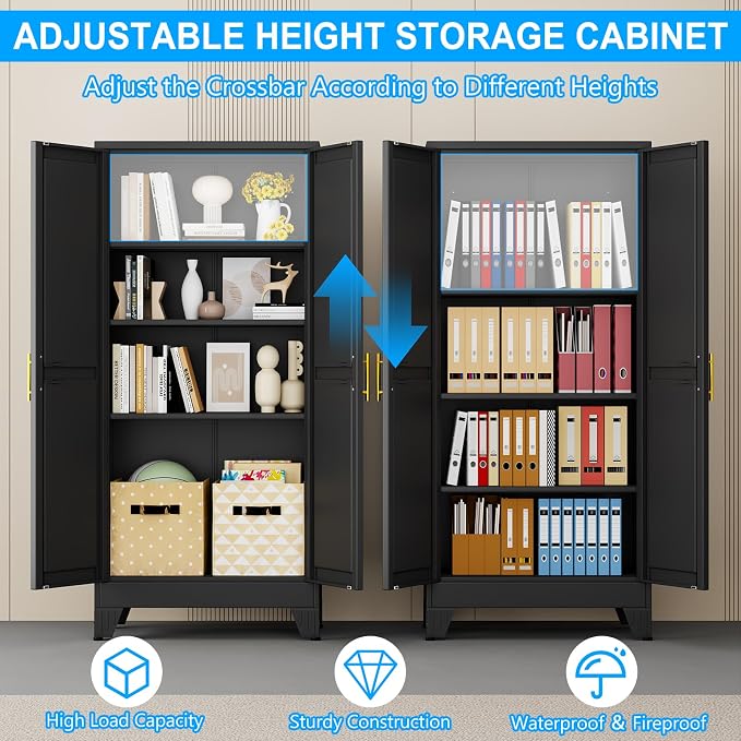 pozdeg 61" Tall Metal Storage Cabinet with 2 Doors & 3 Adjustable Shelves, Steel File Cabinet Multipurpose Organizer for Home Office Garage (Black)