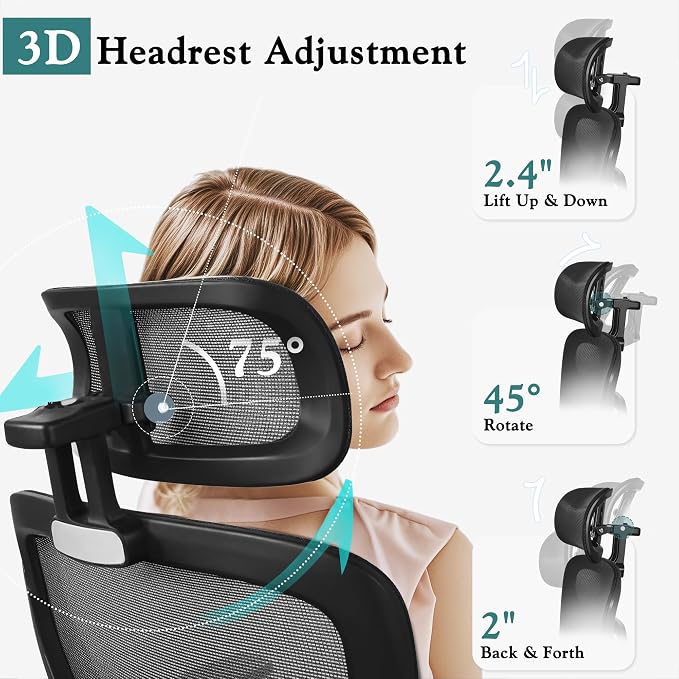VECELO High Back Ergonomic Office Chair, Big and Tall Mesh Desk Chair with Wheels, Tilt Function, 3D Headrest, Lumbar Support, Swivel Rolling Computer Chair for Task, Home Office, Black