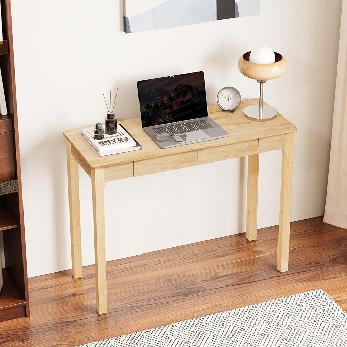 Solid Wooden Desk with Drawers - 39 x 16 Inch Rubberwood Narrow Desks, Simple Modern Study Table, Small Writing Desk for Bedroom|Small Spaces - Natural Boho Desks
