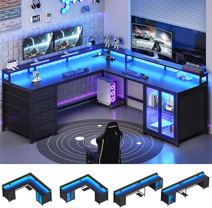 SEDETA L Shaped Gaming Desk with 4 Drawers, 109” Computer Desk with Display Cabinet, Home Office Desks with 2 Monitor Stands, CPU Stand, LED Lights and Power Outlet, Black