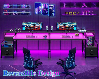 Furologee 55" Gaming Desk with LED Lights & USB-C Port, Reversible Computer Desk with Monitor Stand, Storage Shelves & 2 Fabric Drawers, Gaming Table with Power Outlets & Hooks, Carbon Fiber Black