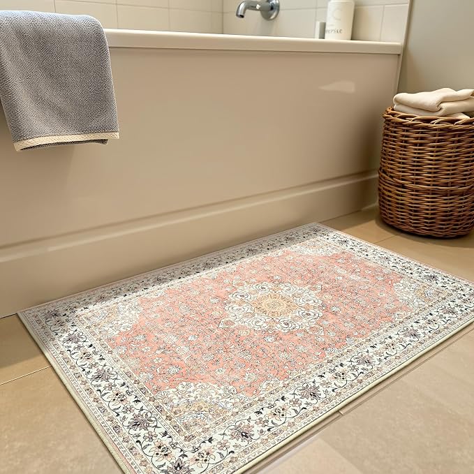 Goideal Washable Rug 2x3, Vintage Area Rugs Non Slip, Indoor Low Pile Carpet with Rubber Backing for Kitchen Bathroom Entryway Office Bedroom,Dusty Rose