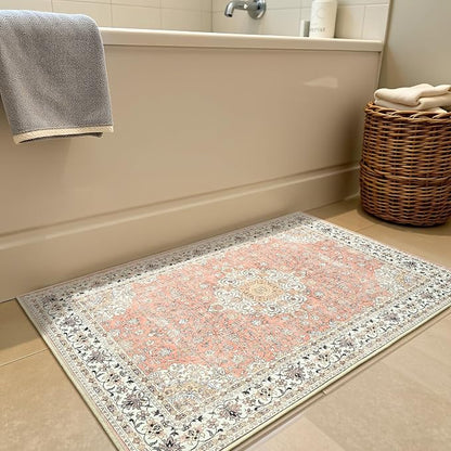 Goideal Washable Rug 2x3, Vintage Area Rugs Non Slip, Indoor Low Pile Carpet with Rubber Backing for Kitchen Bathroom Entryway Office Bedroom,Dusty Rose