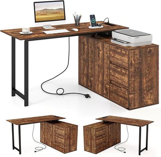 GOFLAME 54.5” L Shaped Computer Desk with Power Outlet, Reversible Corner Desk with File Cabinet and 3 Drawers, PC Desk Study Writing Table Workstation for Home Office, Small Space, Rustic Brown