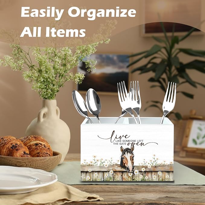 DILSJ Inspirational Horse 2 Compartment Pen Pencil Holder Organizer for Desk, Horse Gifts for Women, Live Like Someone Left The Gate Open Wooden Box Signs for Home Office Desk Tabletop Decoration