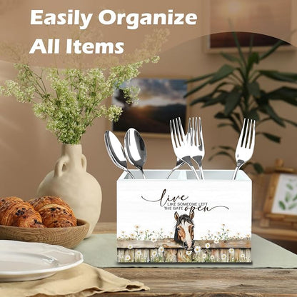 DILSJ Inspirational Horse 2 Compartment Pen Pencil Holder Organizer for Desk, Horse Gifts for Women, Live Like Someone Left The Gate Open Wooden Box Signs for Home Office Desk Tabletop Decoration