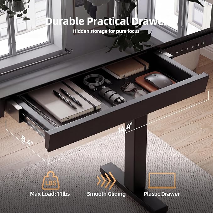 INNOVAR 40" Small Glass Standing Desk with Drawers & USB Ports, Whole-Piece Glass Top Adjustable Height Desks, Quick-Install Electric Sit-Stand Up Desk for Home Office & Computer Workstation, Black