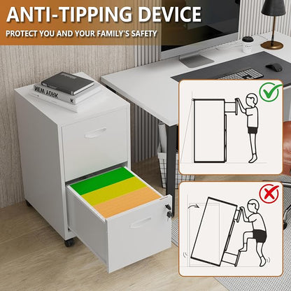 Polup 2 Drawer Rolling File Cabinet on Wheels, Mobile Two Drawer Filing Cabinet with Lock, Small Files Cabinets for Under Desk, Metal Filing Cabinets for Letter Size Folders, White - Assembly Required