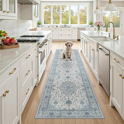 RELEANY Area Rugs Runner 2'x8' Washable Non-Slip, Floral Vintage Distress Medallion Carpet for Kitchen Hallway Bedroom Beside Laundry Room Bathroom, Light Blue Navy Gray White