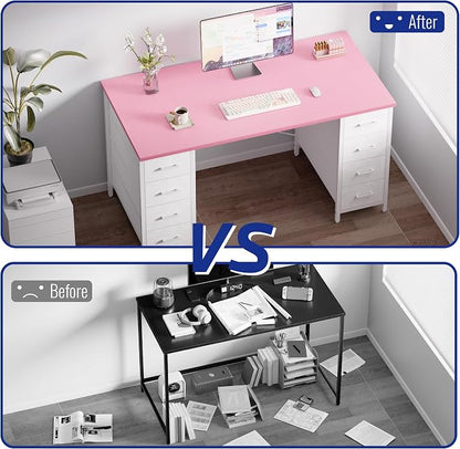 Pamray 47 Inch Computer Desk with 8 Fabric Drawers PC Gaming Desk Home Office Study Work Writing Table for Bedroom Pink
