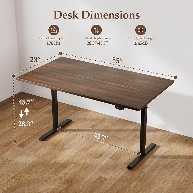 Klicelor 55 x 28 Electric Standing Desk, Sit Stand Up Home Office Desk, Height Adjustable Deep Cumputer Table with Memory Presets and Hooks, Two Pieces, Dark Walnut