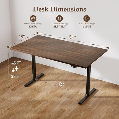 Klicelor 55 x 28 Electric Standing Desk, Sit Stand Up Home Office Desk, Height Adjustable Deep Cumputer Table with Memory Presets and Hooks, Two Pieces, Dark Walnut