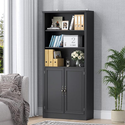 Thacuok 72'' Tall Bookcase with Doors, Adjustable Shelves, P2 MDF Construction, 32'' Wide Freestanding Cabinet with Metal Handles, Hidden Storage for Living Room, Bedroom
