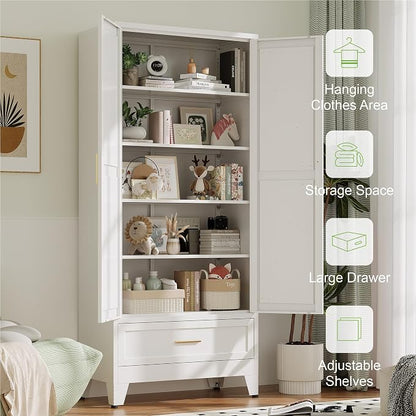 71"Tall Metal Storage Cabinet with Drawer and 4 Adjustable Shelves,Farmhouse Kitchen Pantry Storage Cabinet with Doors, Freestanding White Locker Cabinets for Office,Dining Room,Bathroom(White)