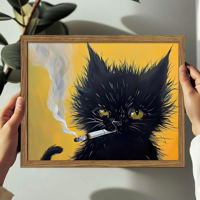 Vintage Framed Black Cat Wall Art, Black Cat Painting Portrait Wall Decor, Mens Room Canvas Print Poster, Cool Animals Picture Art for Bathroom Decor 8x10 inch Wood Framed