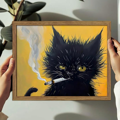 Vintage Framed Black Cat Wall Art, Black Cat Painting Portrait Wall Decor, Mens Room Canvas Print Poster, Cool Animals Picture Art for Bathroom Decor 8x10 inch Wood Framed