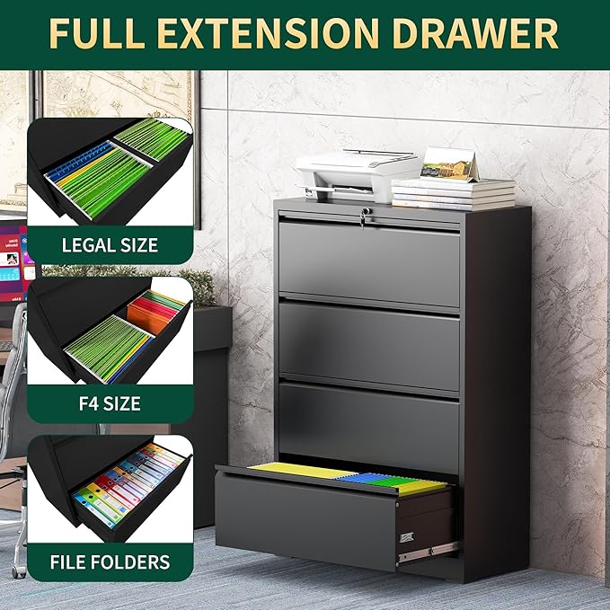 4 Drawer Lateral File Cabinet with Lock, Black Metal File Cabinets for Home Office, Steel Heavy-Duty Filing Storage Cabinet for Letters/Legal/A4, Require Assembly
