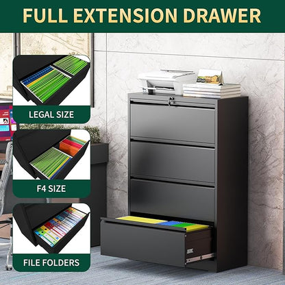 4 Drawer Lateral File Cabinet with Lock, Black Metal File Cabinets for Home Office, Steel Heavy-Duty Filing Storage Cabinet for Letters/Legal/A4, Require Assembly